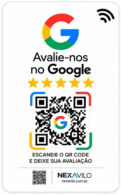Cartão Nexavilo branco: Avalie-nos no Google, com QR Code e NFC