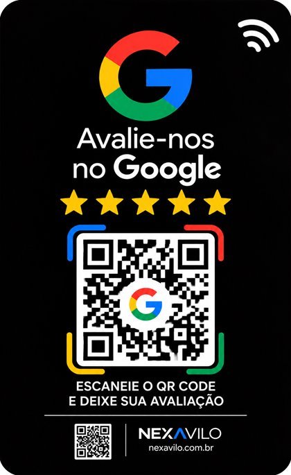 Cartão Nexavilo preto: Avalie-nos no Google, com QR Code e NFC