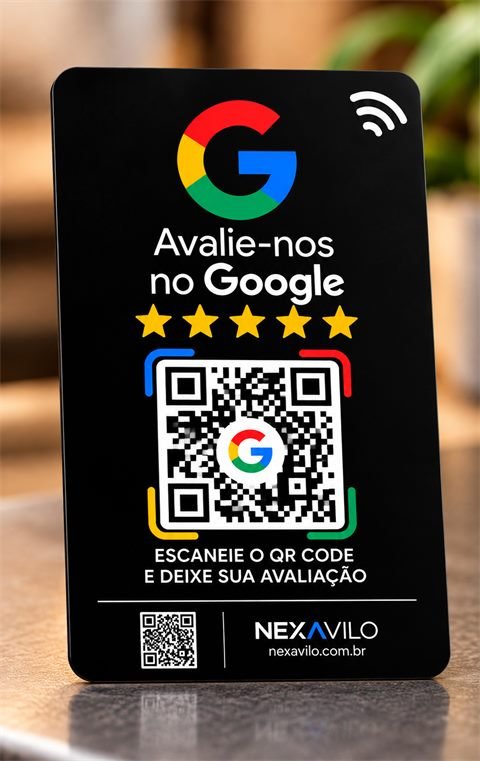 Cartão Nexavilo preto com QR Code e NFC: Avalie-nos no Google
